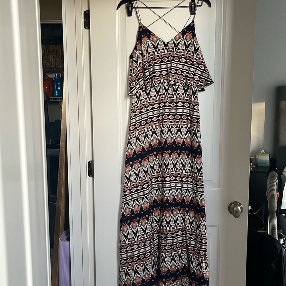 TCEC navy/orange/cream aztec print maxi lined with criss cross spaghetti straps